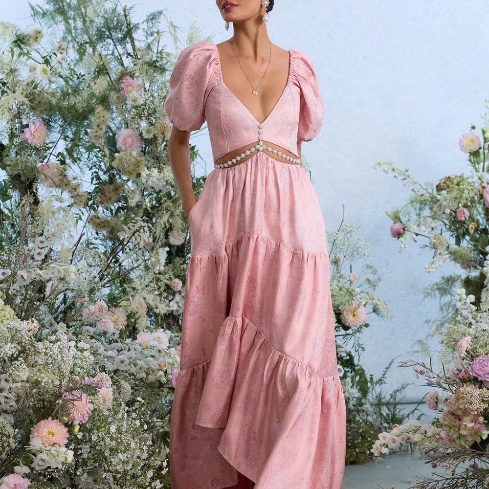 V. Chapman Pink Puff-Sleeve Maxi Dress with Beaded Cutout